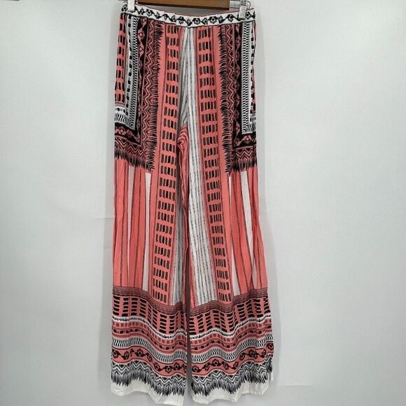 Peach Puff Multicolor Geometric Boho Long Wide Leg Flare Pants Size Medium - Picture 4 of 6